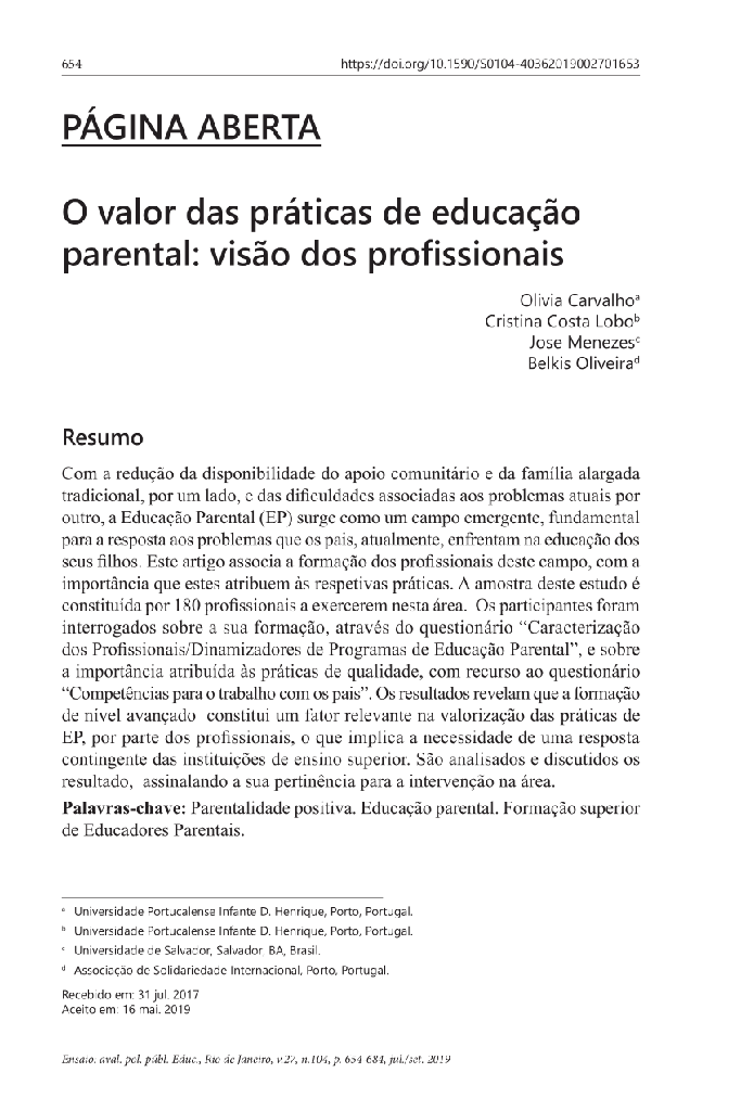 O valor das práticas de educação parental: visão dos profissionais