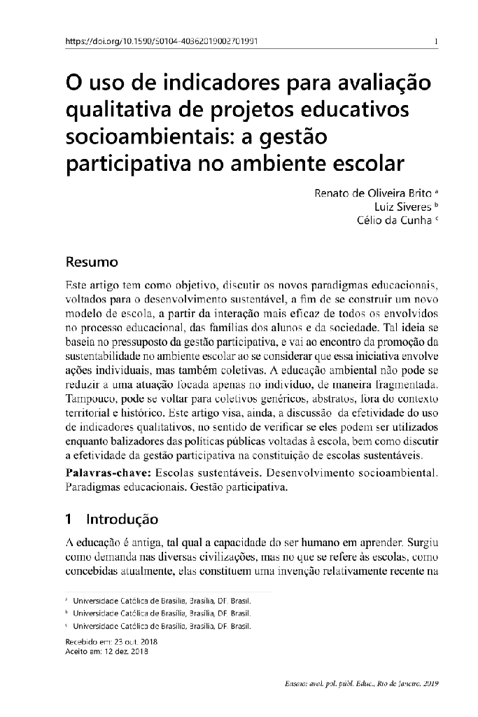 O uso de indicadores para avaliação qualitativa de projetos educativos socioambientais: a gestão participativa no ambiente escolar