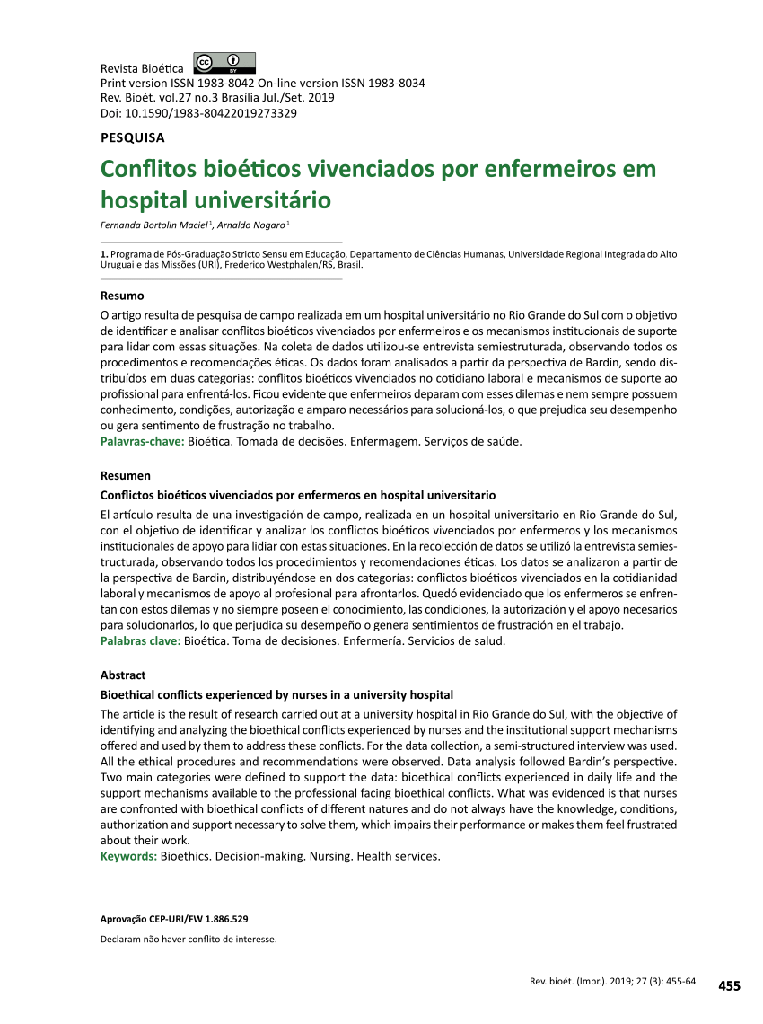 Conflitos bioéticos vivenciados por enfermeiros em hospital universitário