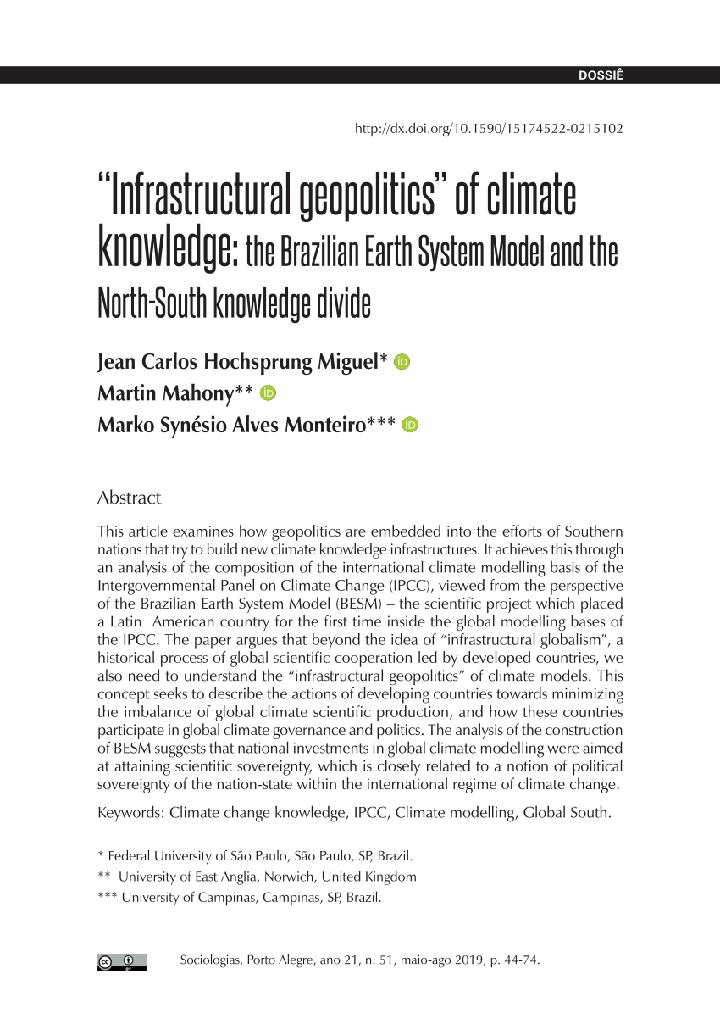 “Infrastructural geopolitics” of climate knowledge: the Brazilian Earth System Model and the North-South knowledge divide