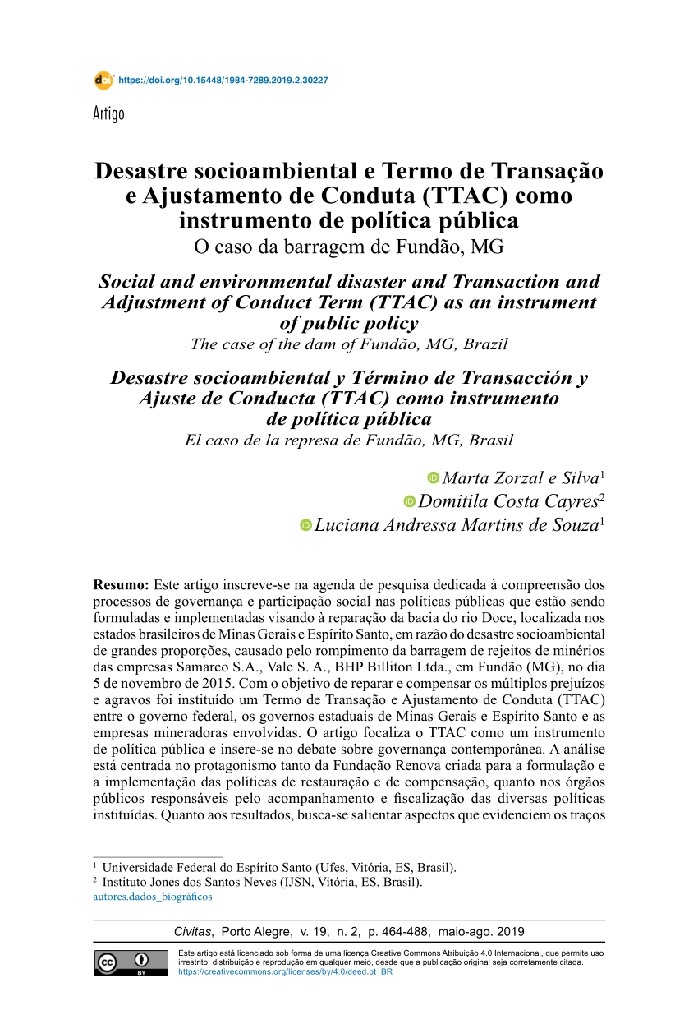 Desastre socioambiental e Termo de Transação e Ajustamento de Conduta (TTAC) como instrumento de política pública: O caso da barragem de Fundão, MG