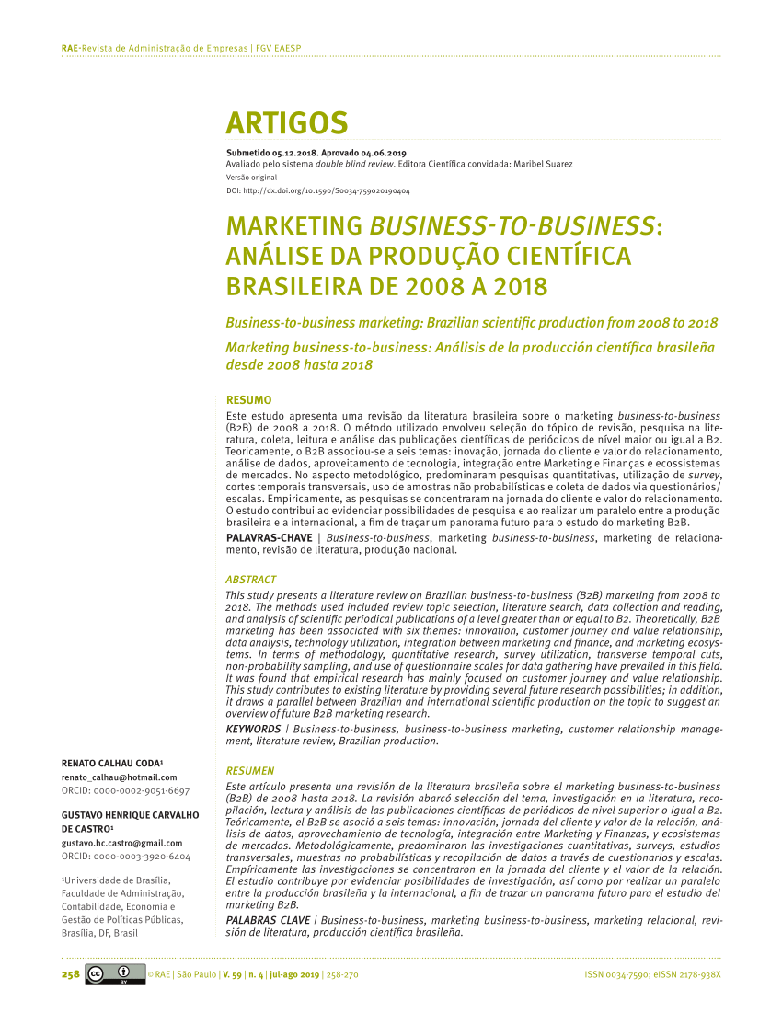 MARKETING BUSINESS-TO-BUSINESS: ANÁLISE DA PRODUÇÃO CIENTÍFICA BRASILEIRA DE 2008 A 2018
