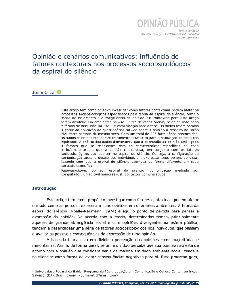 Opinião e cenários comunicativos: influência de fatores contextuais nos processos sociopsicológicos da espiral do silêncio