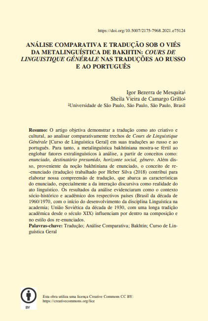 ANÁLISE COMPARATIVA E TRADUÇÃO SOB O VIÉS DA METALINGUÍSTICA DE BAKHTIN: COURS DE LINGUISTIQUE GÉNÉRALE NAS TRADUÇÕES AO RUSSO E AO PORTUGUÊS