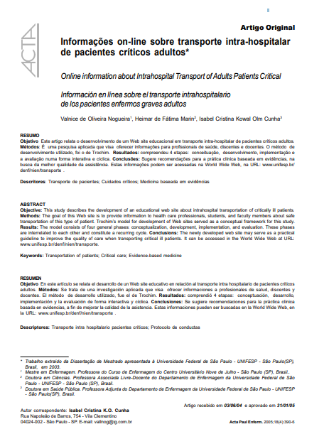 Informações on-line sobre transporte intra-hospitalar de pacientes críticos adultos