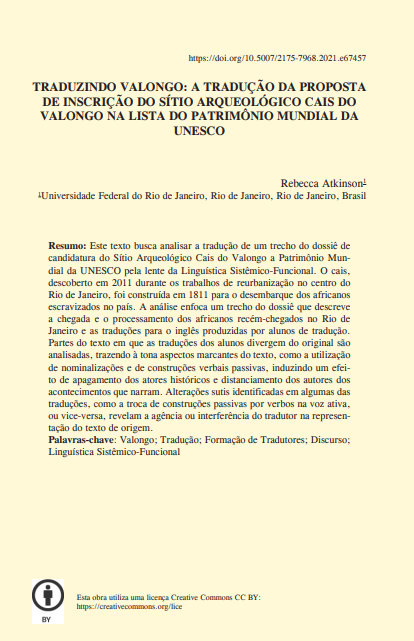 TRADUZINDO VALONGO: A TRADUÇÃO DA PROPOSTA DE INSCRIÇÃO DO SÍTIO ARQUEOLÓGICO CAIS DO VALONGO NA LISTA DO PATRIMÔNIO MUNDIAL DA UNESCO
