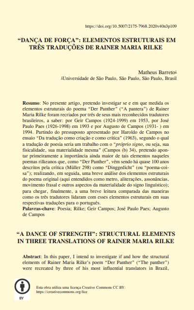 “DANÇA DE FORÇA”: ELEMENTOS ESTRUTURAIS EM TRÊS TRADUÇÕES DE RAINER MARIA RILKE