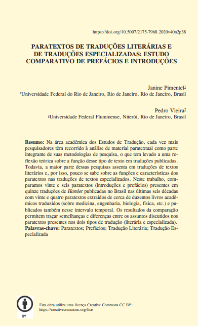 PARATEXTOS DE TRADUÇÕES LITERÁRIAS E DE TRADUÇÕES ESPECIALIZADAS: ESTUDO COMPARATIVO DE PREFÁCIOS E INTRODUÇÕES