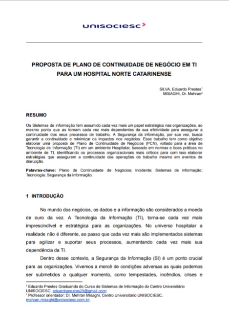 Proposta de Plano De Continuidade De Negócio em TI para um hospital norte catarinense