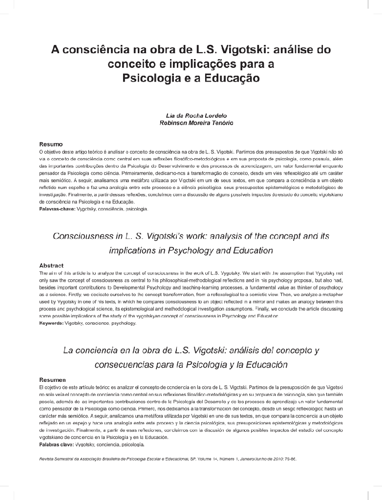 A consciência na obra de L. S. Vigotski: análise do conceito e implicações para a psicologia e a educação