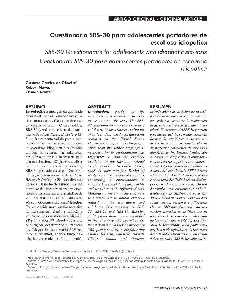 Questionário SRS-30 para adolescentes portadores de escoliose idiopática