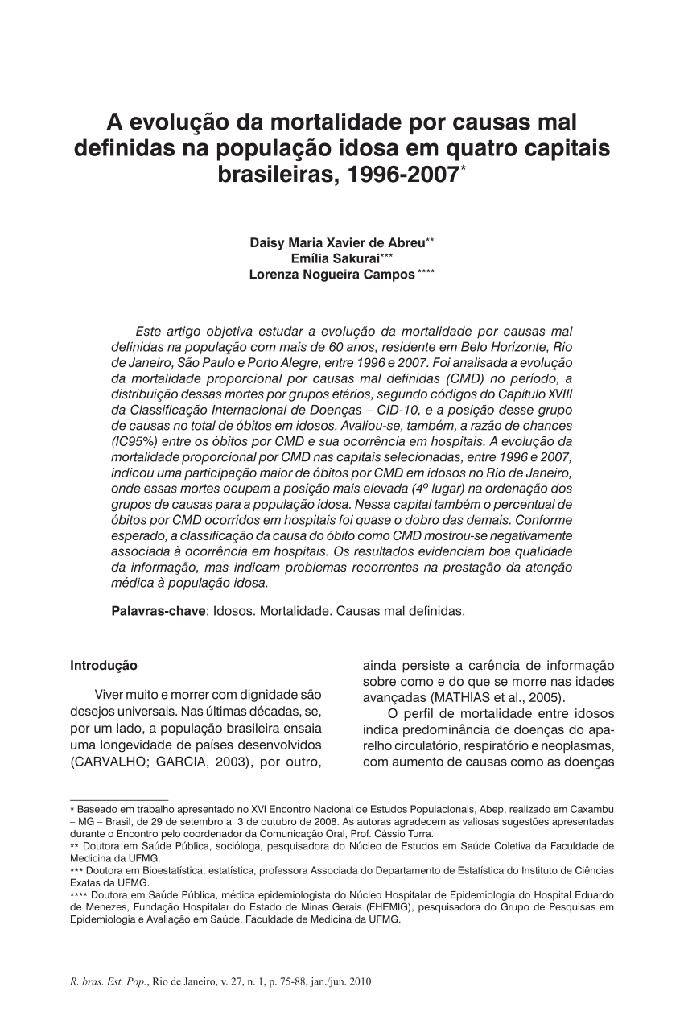 A evolução da mortalidade por causas mal definidas na população idosa em quatro capitais brasileiras, 1996-2007