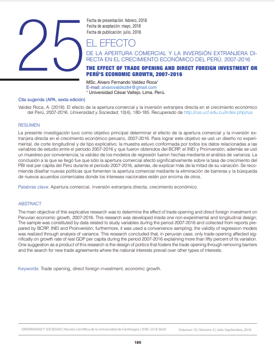 El efecto de la apertura comercial y la inversión extranjera directa en el crecimiento económico del Perú., 2007-2016