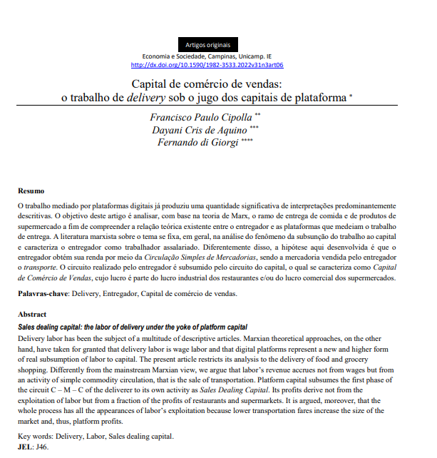 Capital de comércio de vendas: o trabalho de delivery sob o jugo dos capitais de plataforma