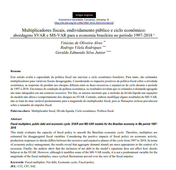 Multiplicadores fiscais, endividamento público e ciclo econômico: abordagens SVAR e MS-VAR para a economia brasileira no período 1997-2018