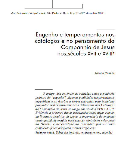 Engenho e temperamentos nos catálogos e no pensamento da Companhia de Jesus nos séculos XVII e XVIII