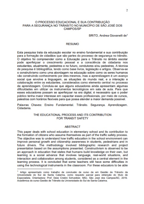 O processo educacional e sua contribuição para a segurança no trânsito no município de São José dos Campos/ SP