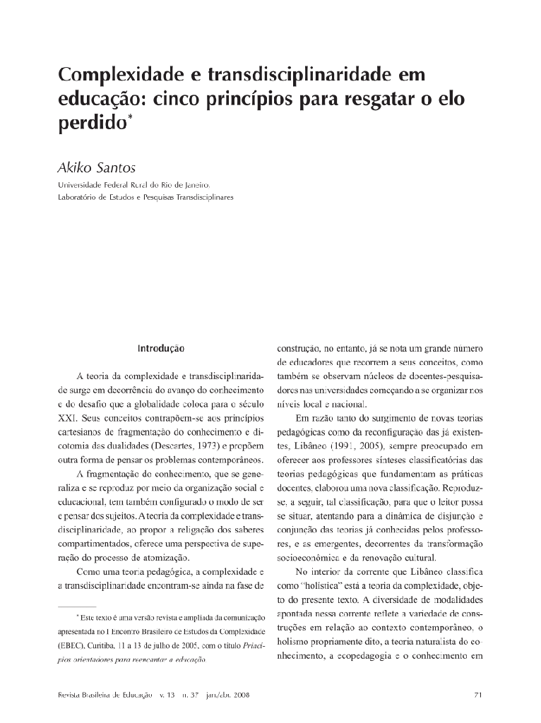 Complexidade e transdisciplinaridade em educação: cinco princípios para resgatar o elo perdido