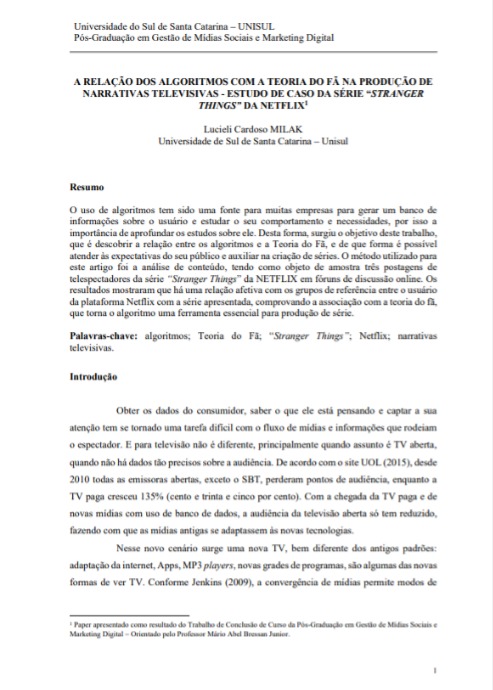 A relação dos algoritmos com a teoria do fã na produção de narrativas televisivas - estudo de caso da série “Stranger Things” da Netflix