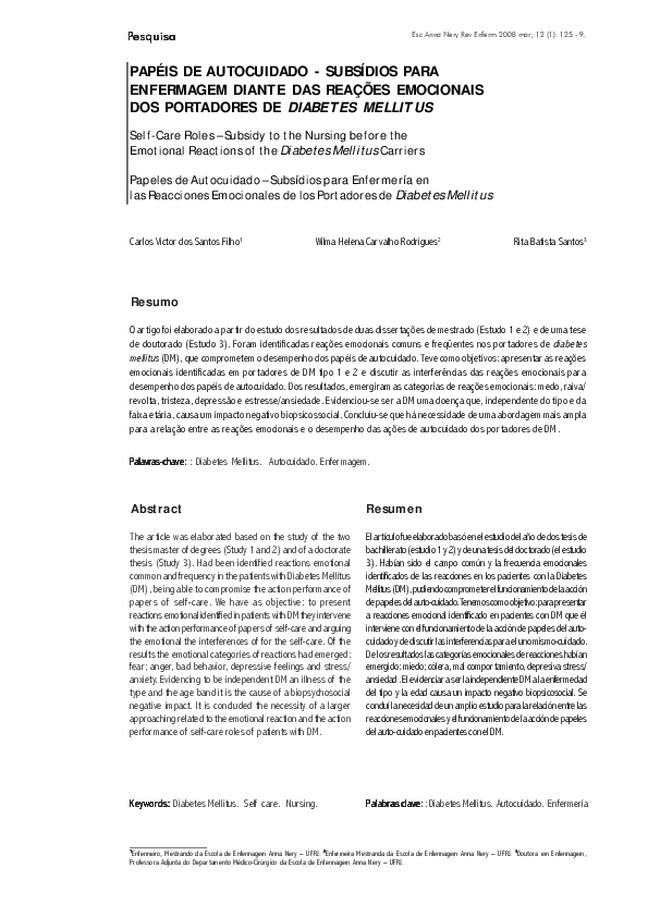 Papéis de autocuidado: subsídios para enfermagem diante das reações emocionais dos portadores de diabetes Mellitus
