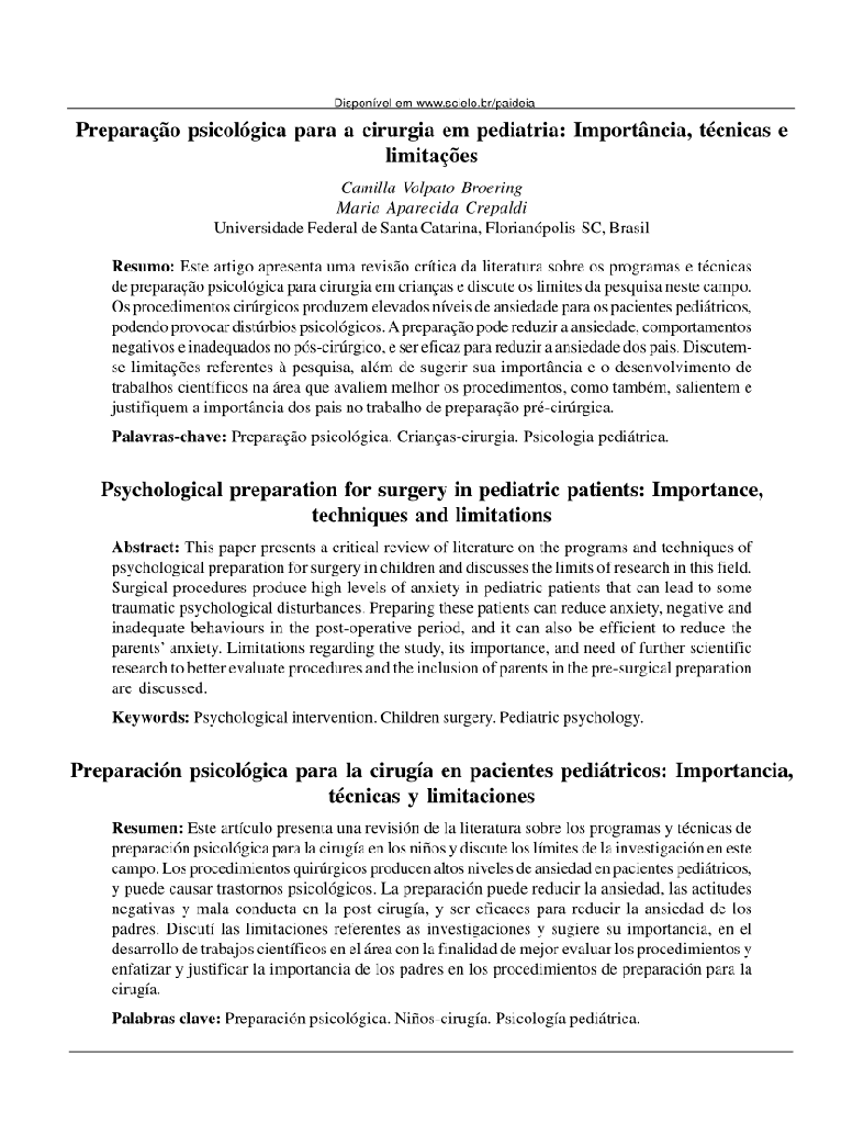 Preparação psicológica para a cirurgia em pediatria: importância, técnicas e limitações