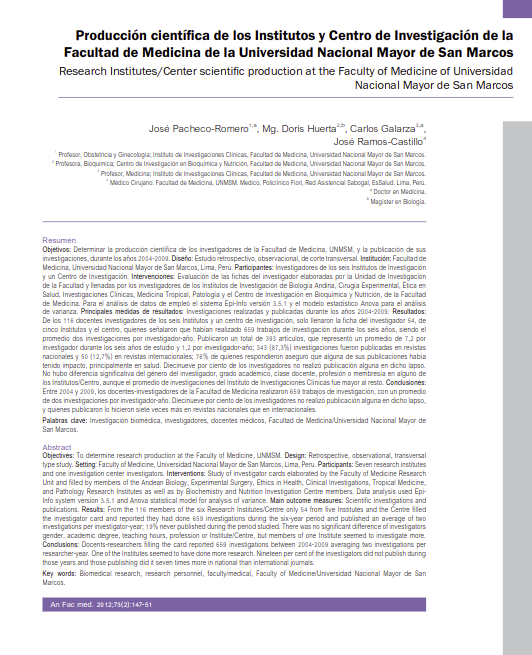 Producción científica de los Institutos y Centro de Investigación de la Facultad de Medicina de la UNMSM