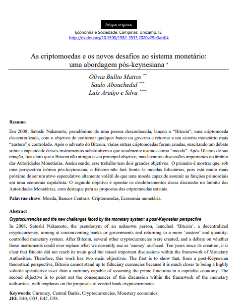 As criptomoedas e os novos desafios ao sistema monetário: uma abordagem pós-keynesiana