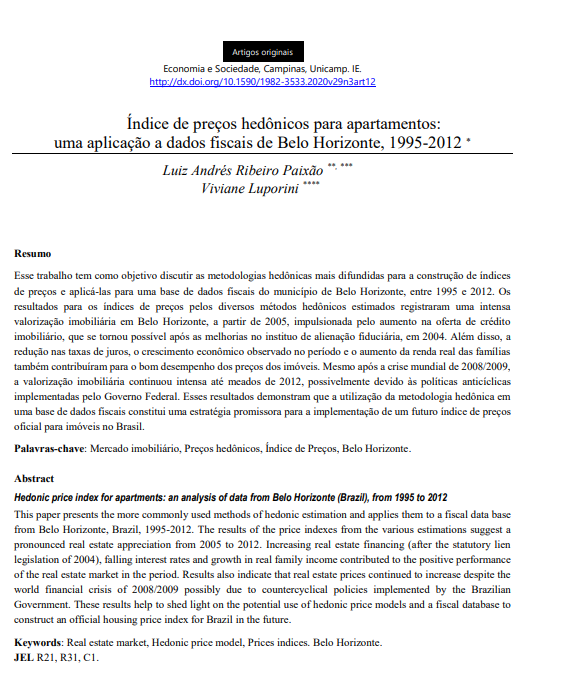 Índice de preços hedônicos para apartamentos: uma aplicação a dados fiscais de Belo Horizonte, 1995-2012