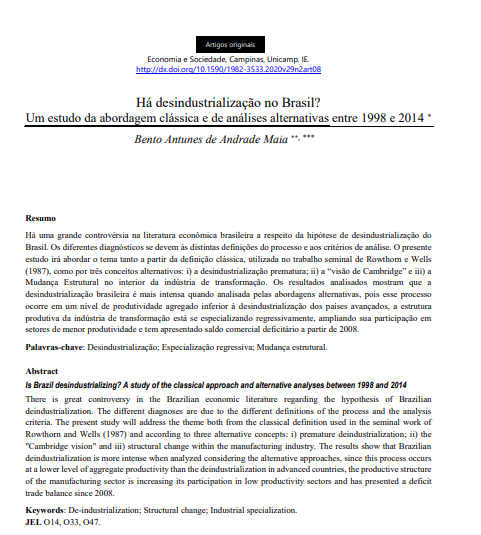 Há desindustrialização no Brasil? Um estudo da abordagem clássica e de análises alternativas entre 1998 e 2014