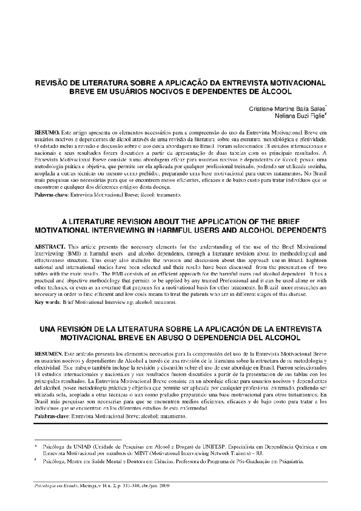 Revisão de literatura sobre a aplicação da entrevista motivacional breve em usuários nocivos e dependentes de álcool