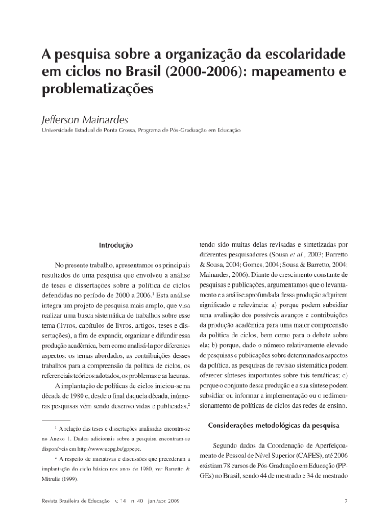 A pesquisa sobre a organização da escolaridade em ciclos no Brasil (2000-2006): mapeamento e problematizações