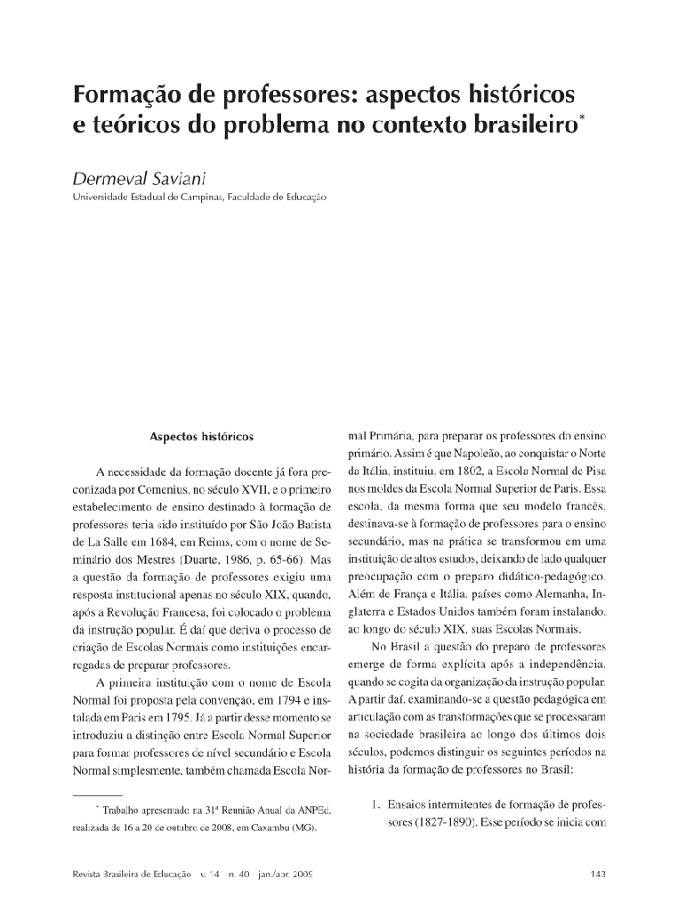 Formação de professores: aspectos históricos e teóricos do problema no contexto brasileiro