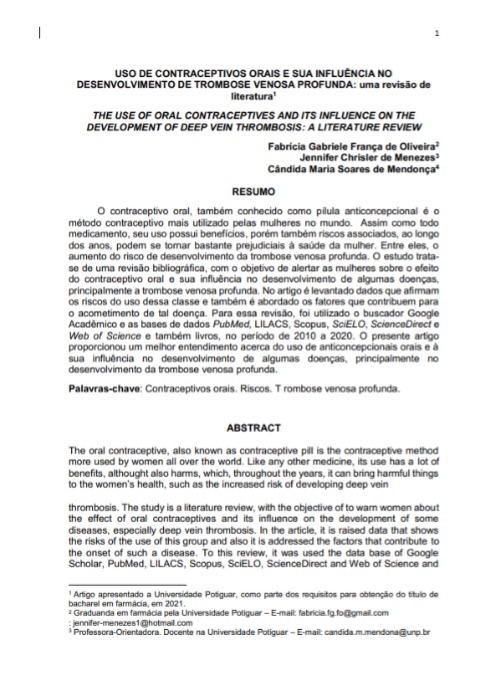 Uso de contraceptivos orais e sua influência no desenvolvimento de trombose venosa profunda: uma revisão de literatura