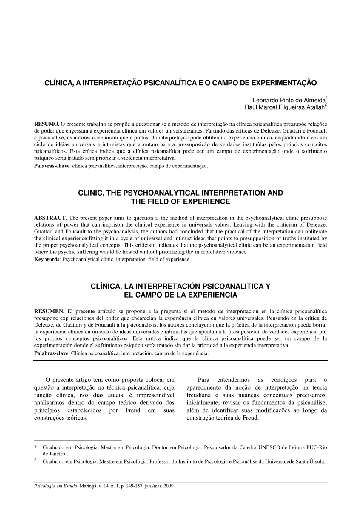 Clínica, a interpretação psicanalítica e o campo de experimentação