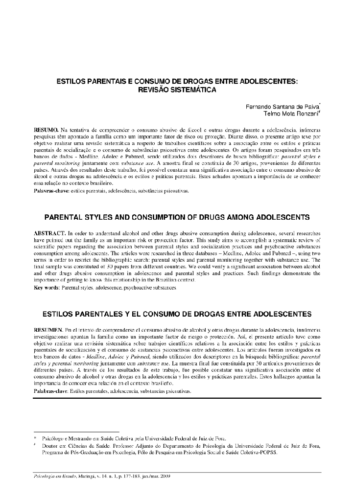 Estilos parentais e consumo de drogas entre adolescentes: revisão sistemática