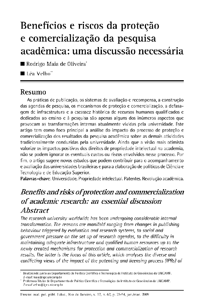 Benefícios e riscos da proteção e comercialização da pesquisa acadêmica: uma discussão necessária