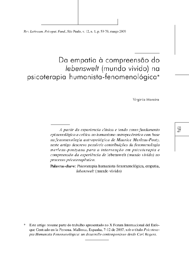 Da empatia à compreensão do lebenswelt (mundo vivido) na psicoterapia humanista-fenomenológica  Facebook Twitter