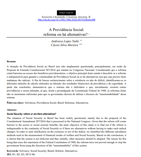 A Previdência Social: reforma ou há alternativas?