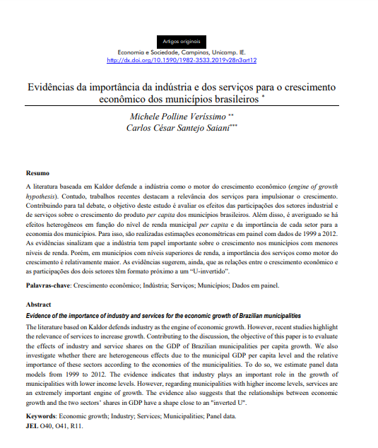 Evidências da importância da indústria e dos serviços para o crescimento econômico dos municípios brasileiros