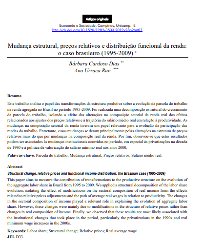 Mudança estrutural, preços relativos e distribuição funcional da renda: o caso brasileiro (1995-2009)