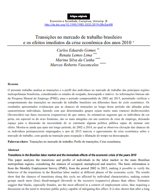 Transições no mercado de trabalho brasileiro e os efeitos imediatos da crise econômica dos anos 2010