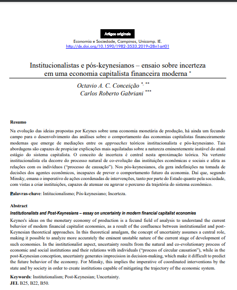 Institucionalistas e pós-keynesianos – ensaio sobre incerteza em uma economia capitalista financeira moderna