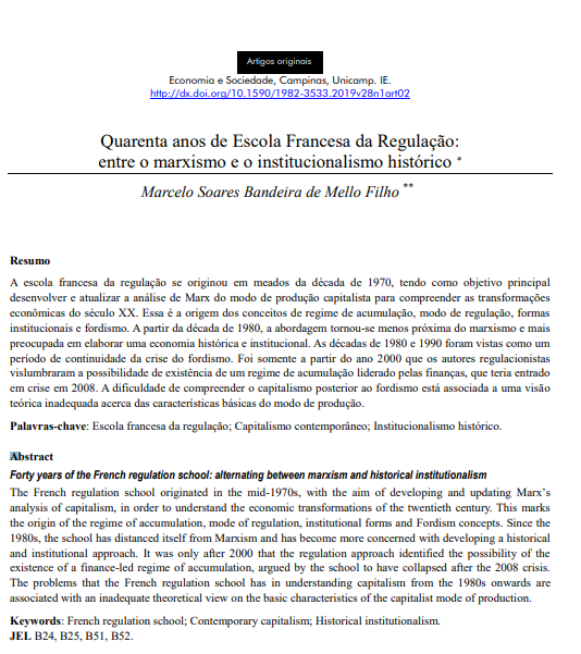 Quarenta anos de Escola Francesa da Regulação: entre o marxismo e o institucionalismo histórico