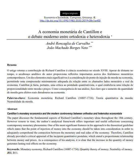 A economia monetária de Cantillon e o debate moderno entre ortodoxia e heterodoxia