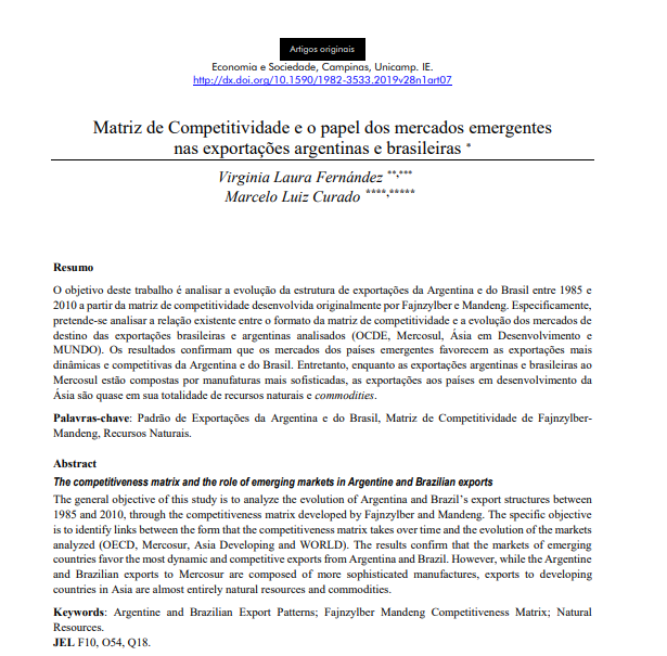 Matriz de Competitividade e o papel dos mercados emergentes nas exportações argentinas e brasileiras
