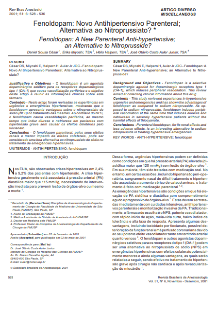 Fenoldopam: novo antihipertensivo parenteral; alternativa ao nitroprussiato