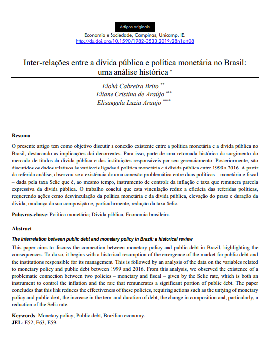 Inter-relações entre a dívida pública e política monetária no Brasil: uma análise histórica