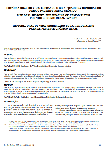 História oral de vida: buscando o significado da hemodiálise para o paciente renal crônico