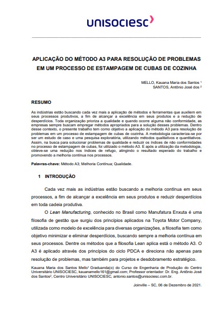 Aplicação do método A3 para resolução de problemas em um processo de estampagem de cubas de cozinha