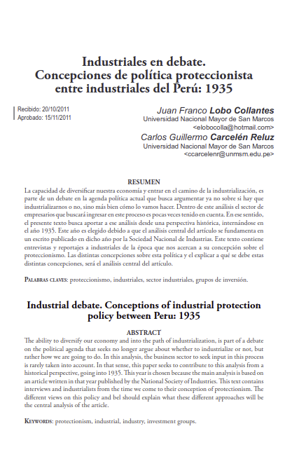 Industriales en debate. Concepciones de política proteccionista entre industriales del Perú: 1935